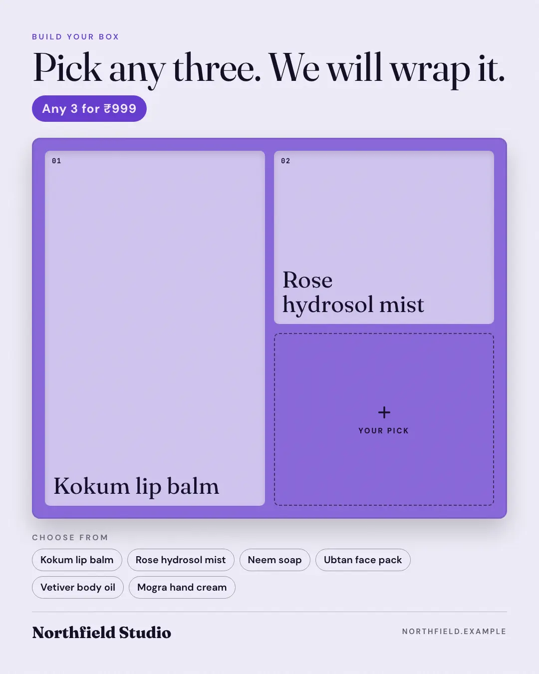 Sample Build your box creative (Own-brand products template), shown on the fictional brand Northfield Studio
