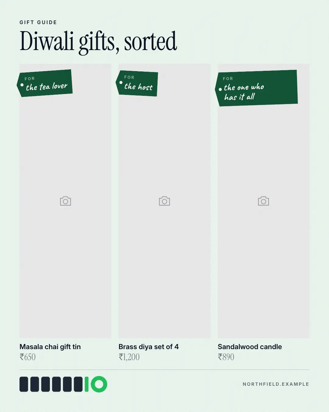 Sample Gift guide creative (Own-brand products template), shown on the fictional brand Northfield Studio