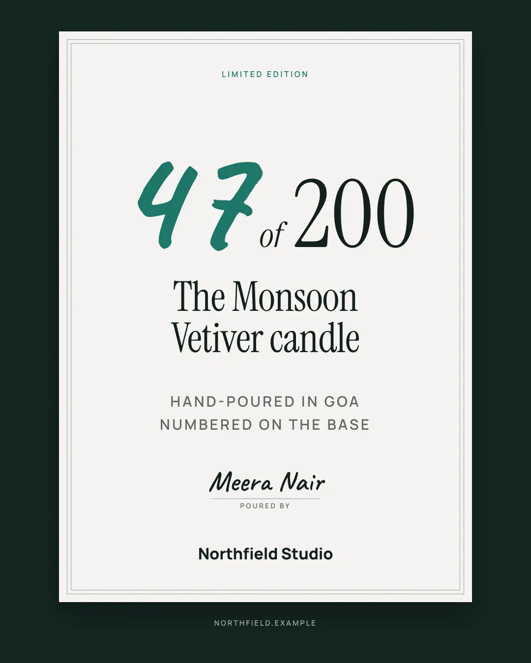 Sample Numbered limited-edition card creative (Own-brand products template), shown on the fictional brand Northfield Studio