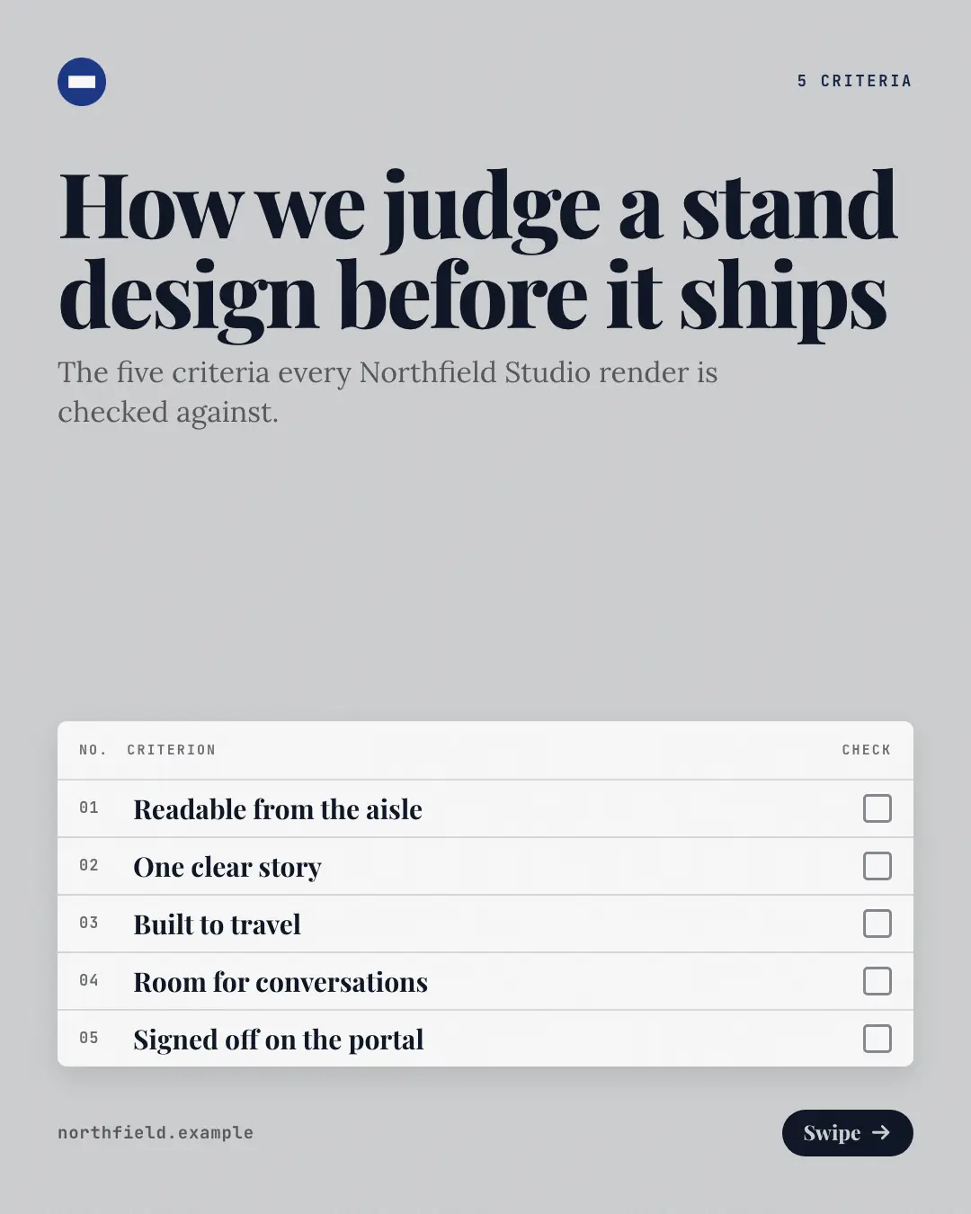Sample Rubric creative (Mental models template), shown on the fictional brand Northfield Studio