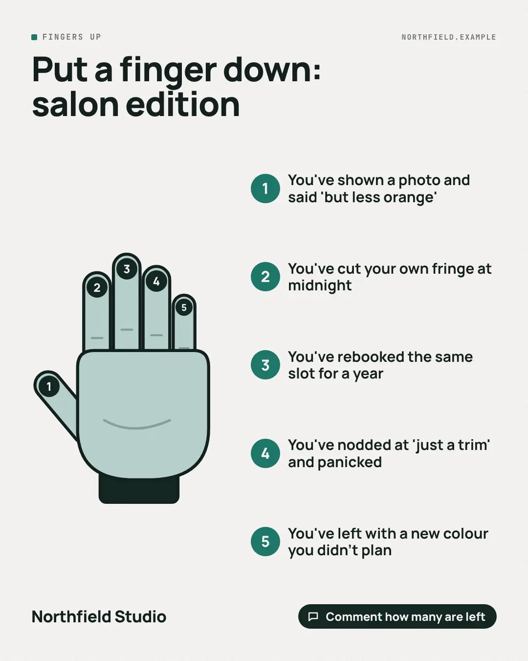 Sample Put a finger down creative (Shout-outs & giveaways template), shown on the fictional brand Northfield Studio