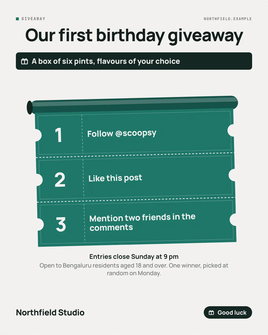 Sample Giveaway creative (Shout-outs & giveaways template), shown on the fictional brand Northfield Studio