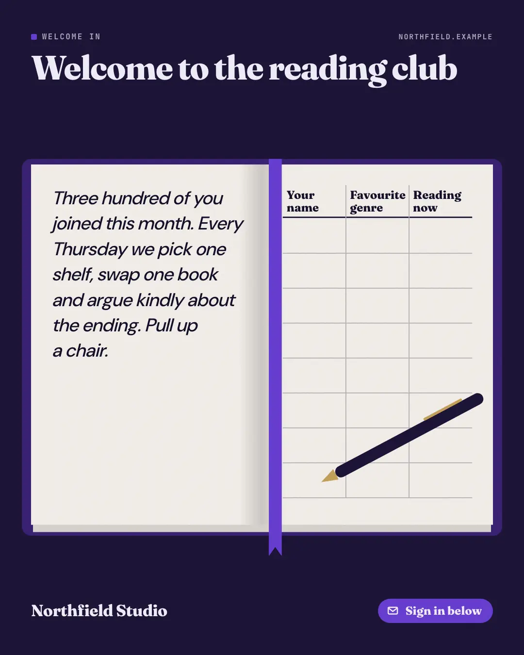 Sample Guestbook creative (Shout-outs & giveaways template), shown on the fictional brand Northfield Studio