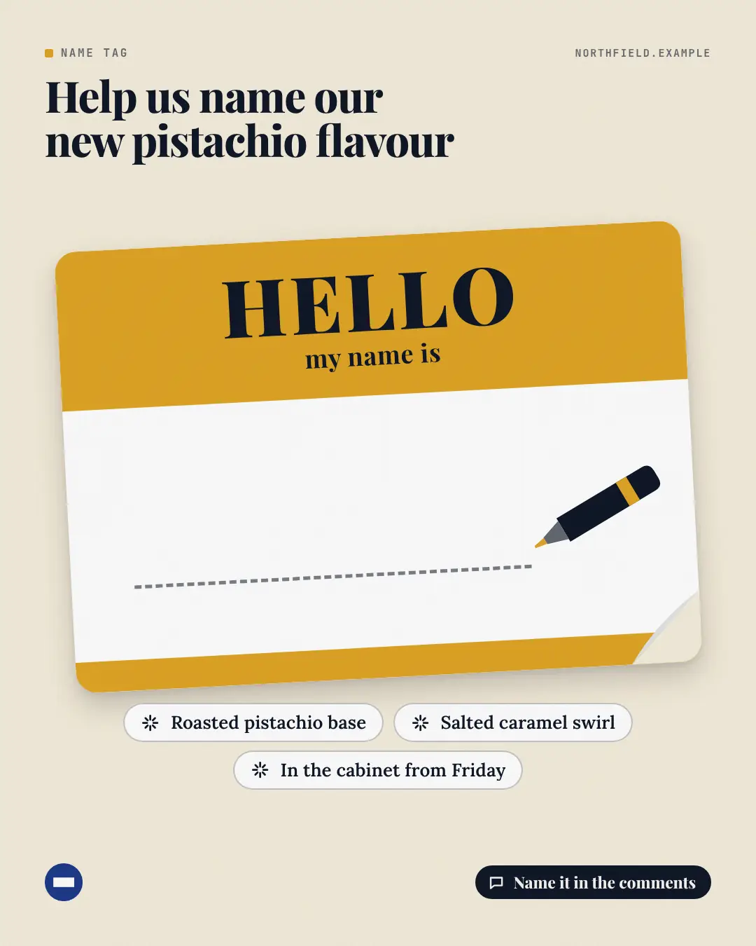 Sample Name tag creative (Shout-outs & giveaways template), shown on the fictional brand Northfield Studio