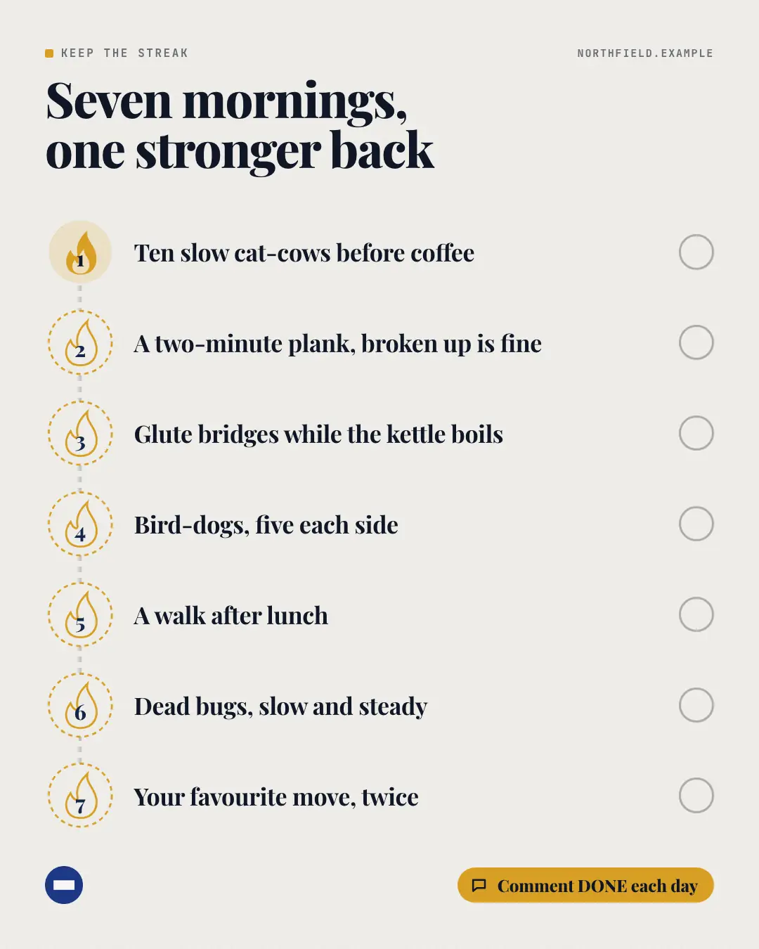 Sample Streak tracker creative (Shout-outs & giveaways template), shown on the fictional brand Northfield Studio