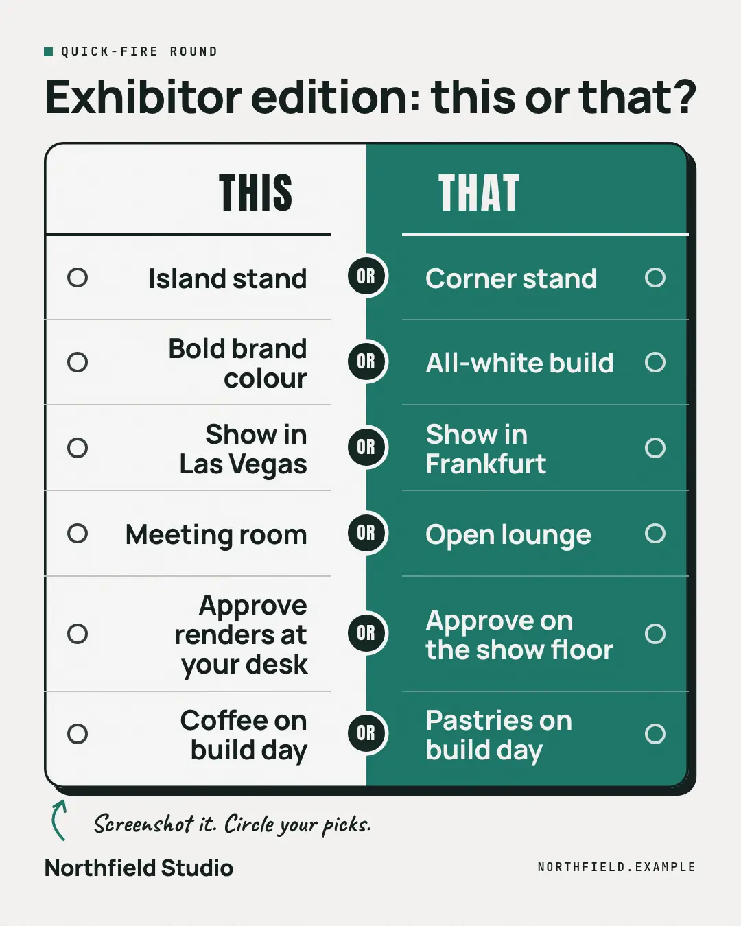 Sample This or that creative (Comparison template), shown on the fictional brand Northfield Studio