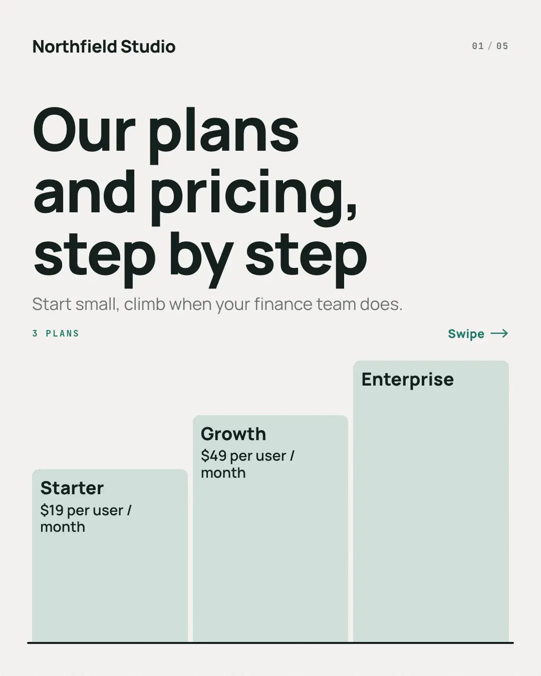 Sample Pricing plans staircase creative (Business decks template), shown on the fictional brand Northfield Studio