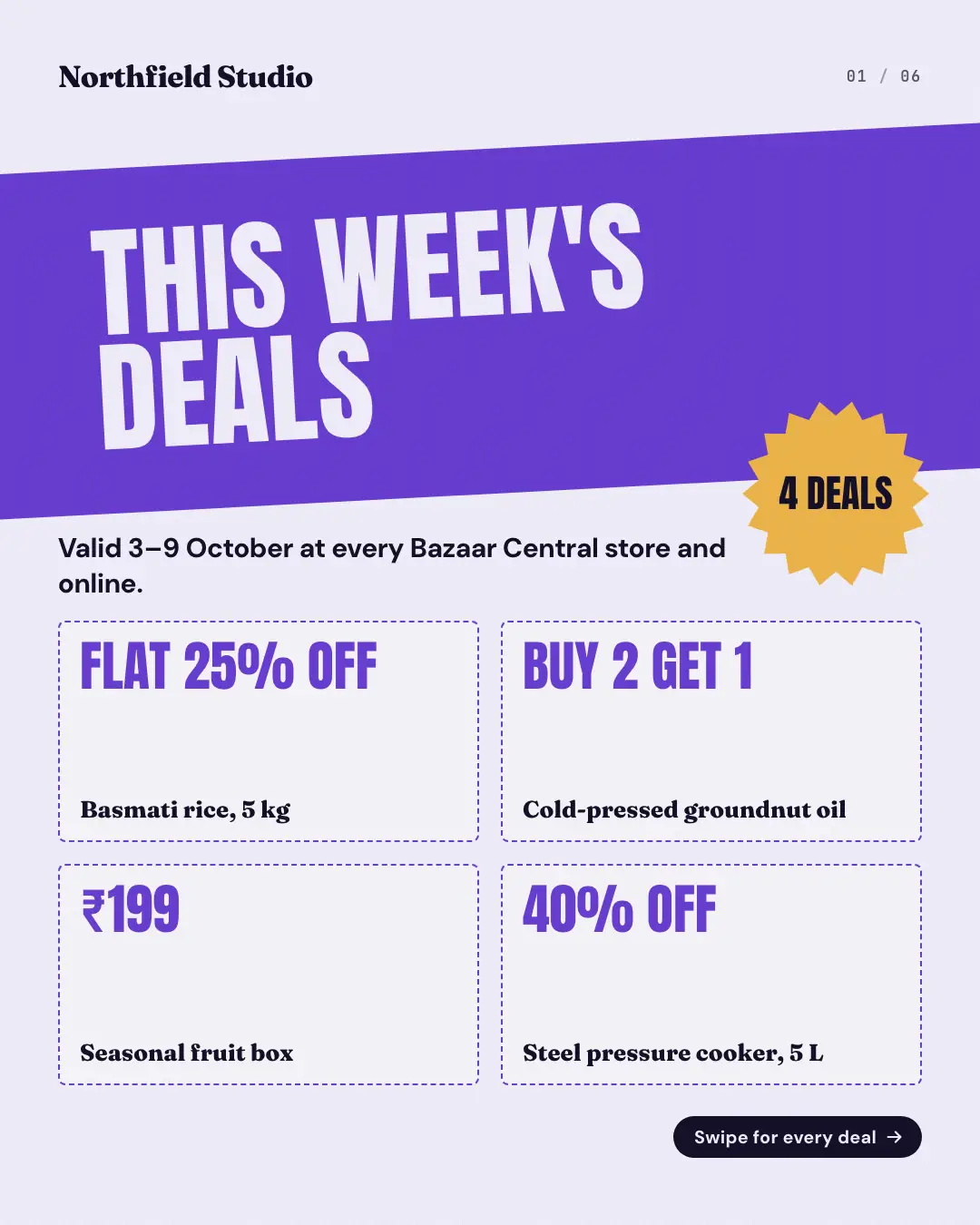 Sample Deals-of-the-week flyer creative (Shopfront carousels template), shown on the fictional brand Northfield Studio