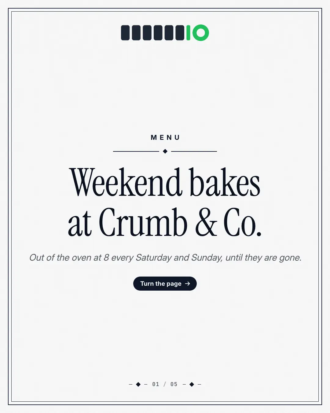 Sample Menu pages creative (Shopfront carousels template), shown on the fictional brand Corner Crumb Café