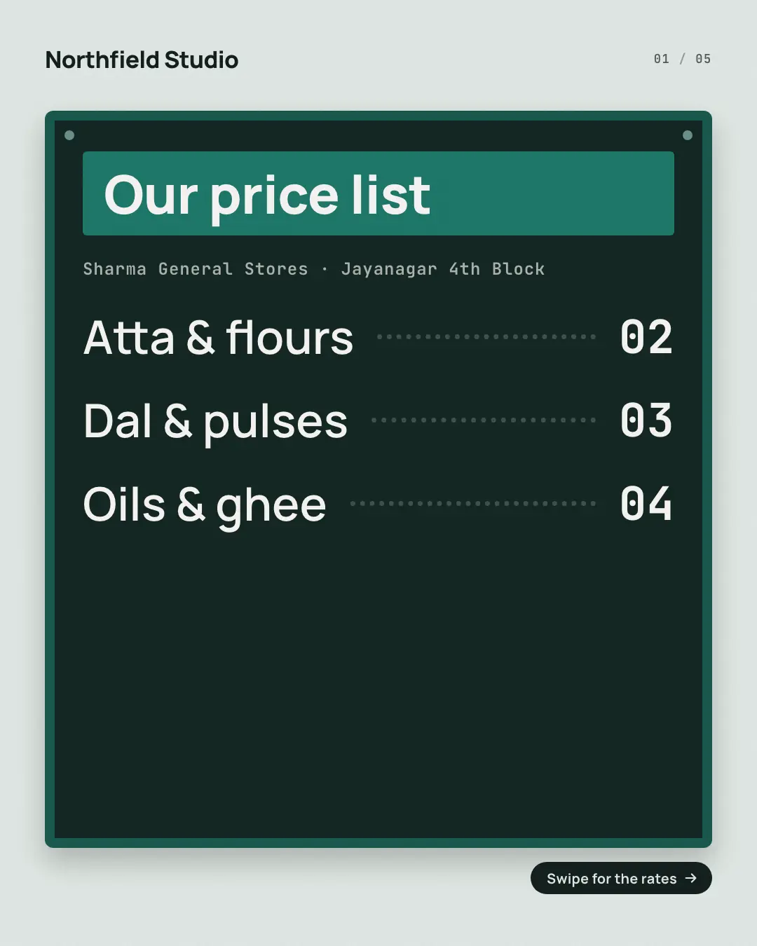 Sample Wall price board creative (Shopfront carousels template), shown on the fictional brand Northfield Studio