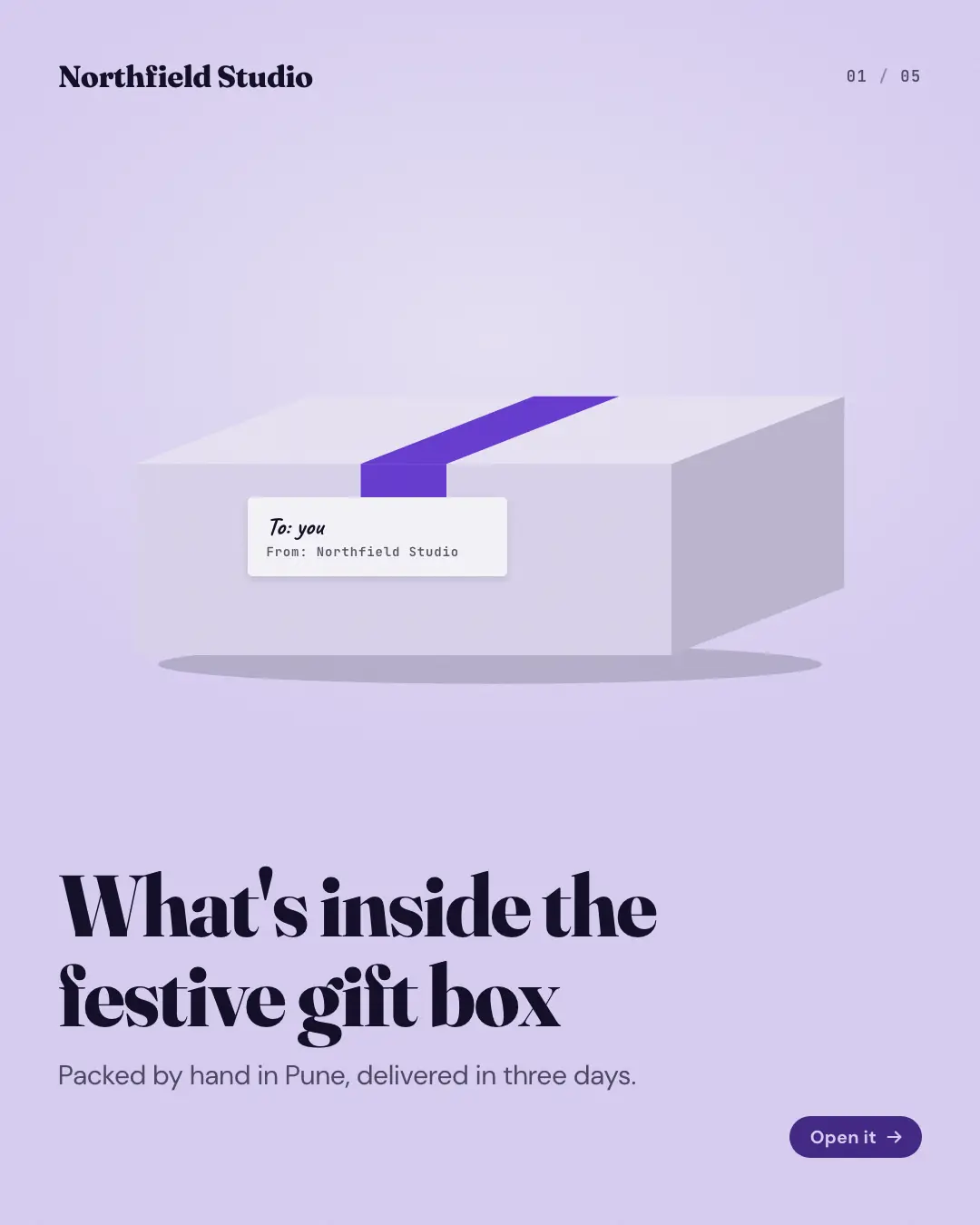 Sample Unboxing sequence creative (Shopfront carousels template), shown on the fictional brand Northfield Studio