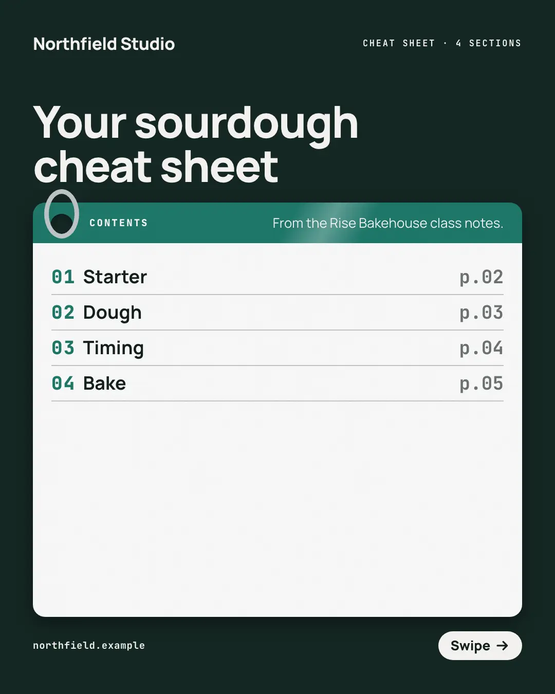Sample Laminated cheat-sheet deck creative (Teaching carousels template), shown on the fictional brand Northfield Studio