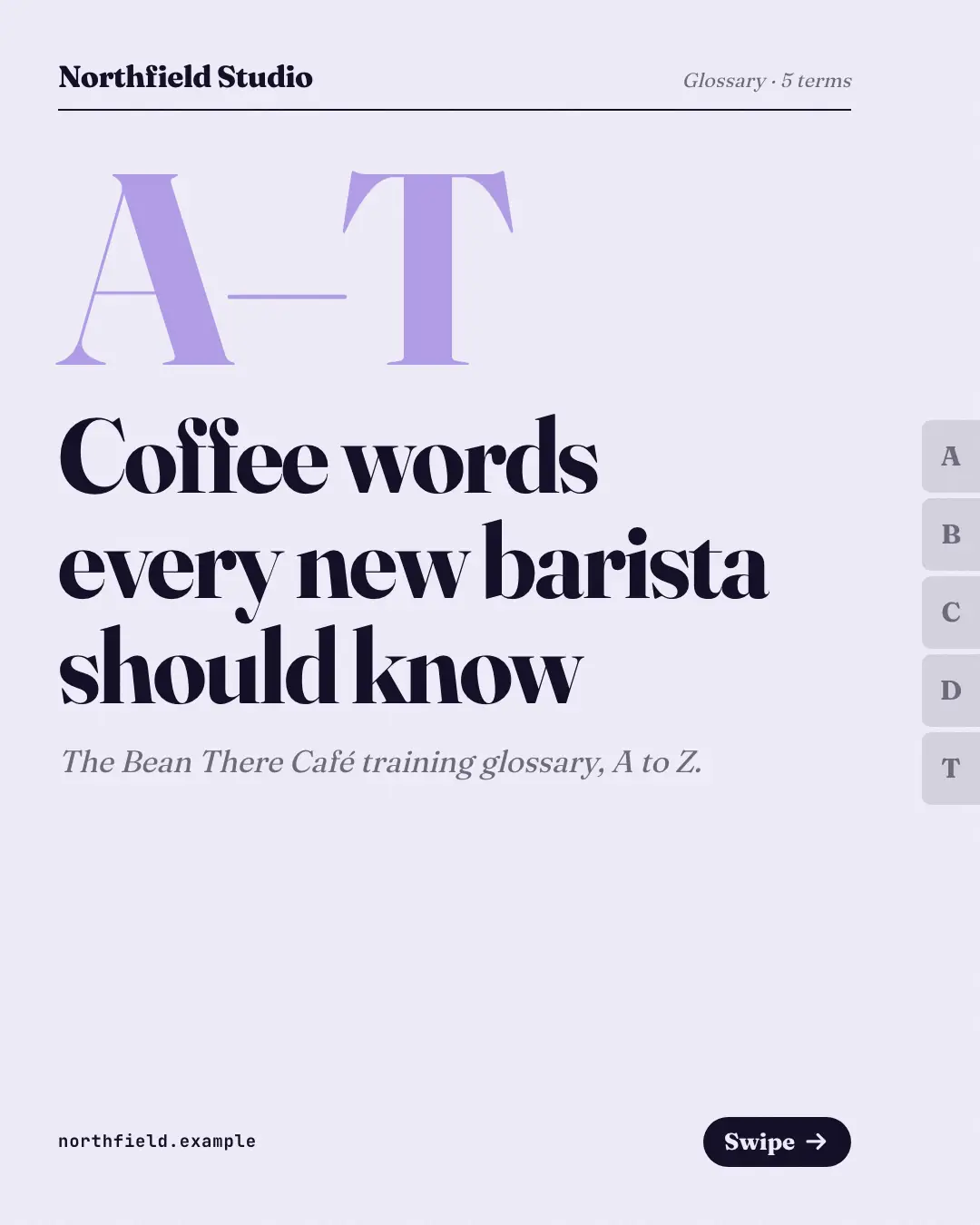 Sample Glossary thumb index creative (Teaching carousels template), shown on the fictional brand Northfield Studio