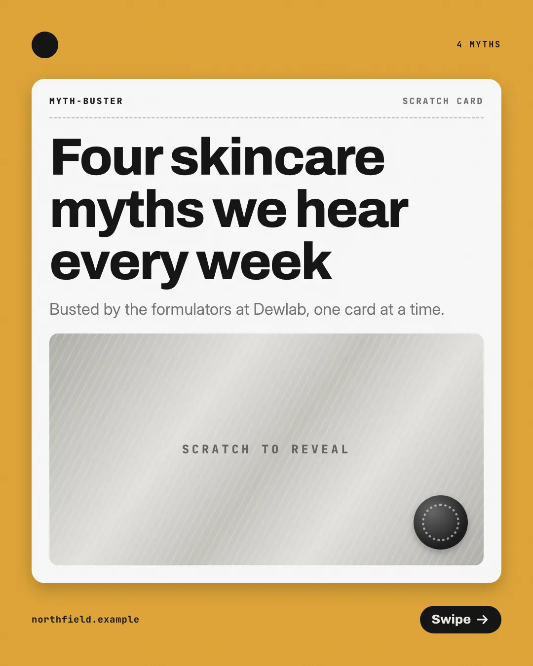 Sample Myth-buster scratch card creative (Teaching carousels template), shown on the fictional brand Northfield Studio