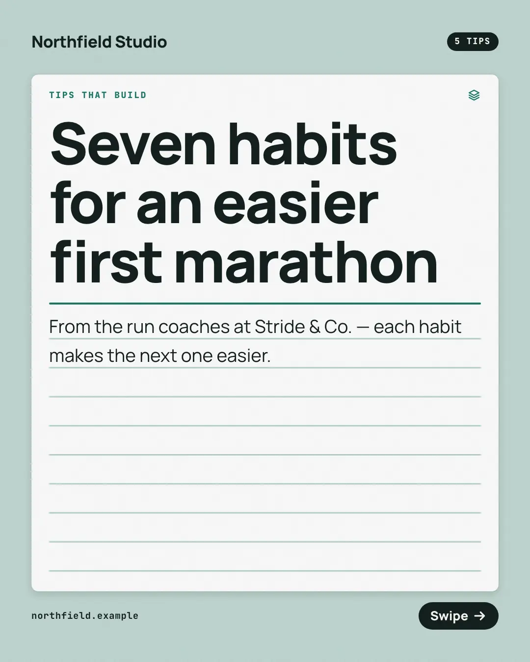Sample Index-card tip stack creative (Teaching carousels template), shown on the fictional brand Northfield Studio