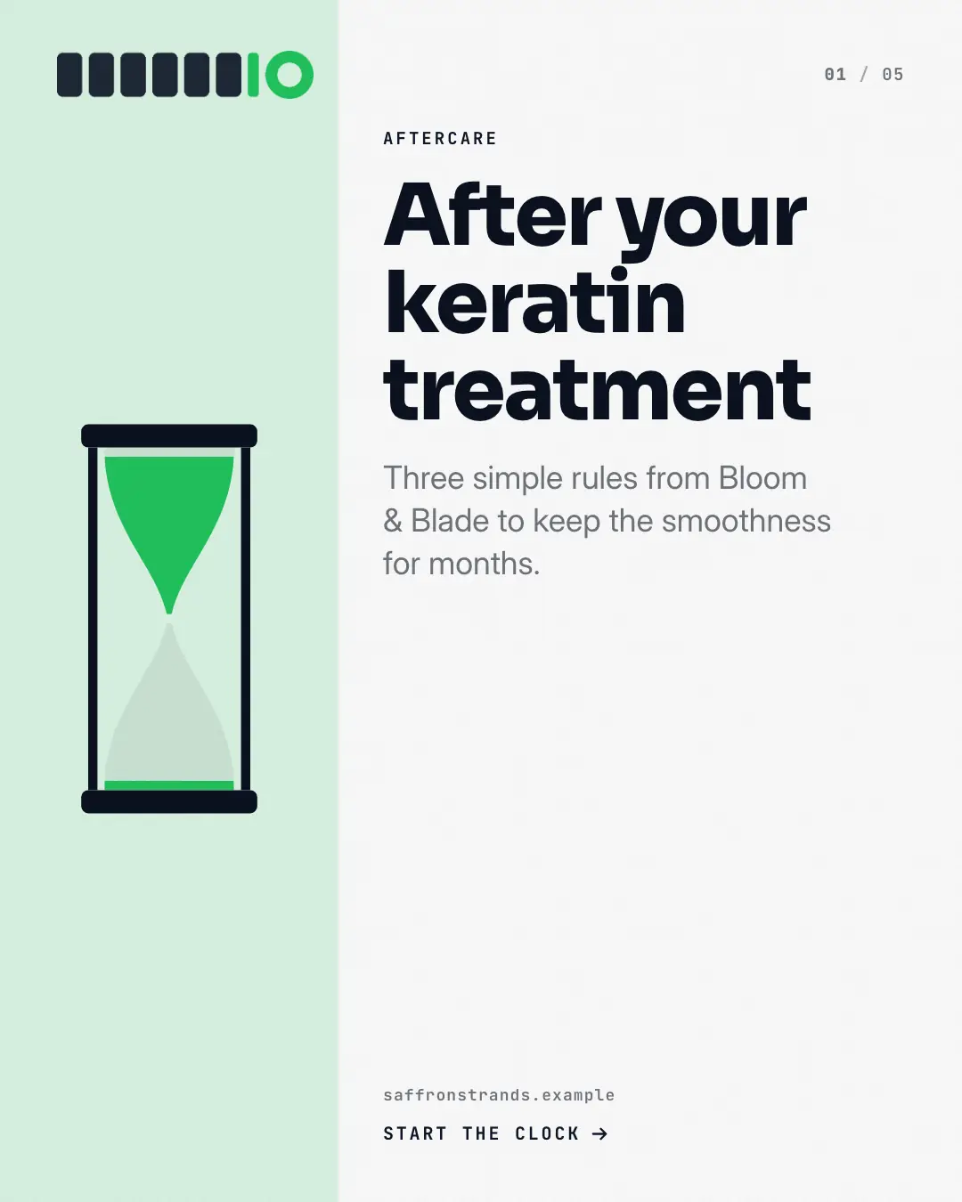 Sample Aftercare hourglass creative (Front-desk carousels template), shown on the fictional brand Saffron Strands Salon