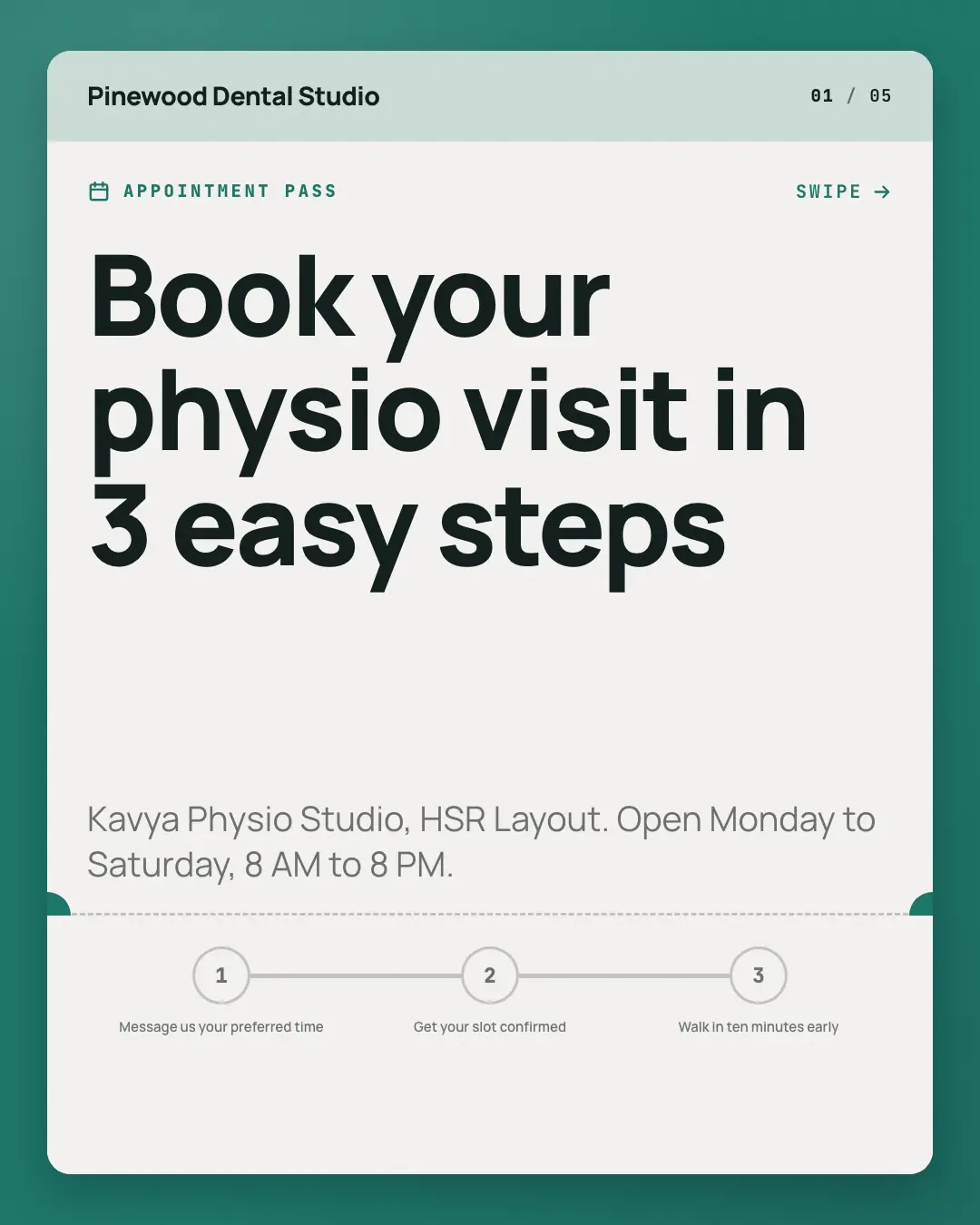 Sample Appointment pass creative (Front-desk carousels template), shown on the fictional brand Pinewood Dental Studio