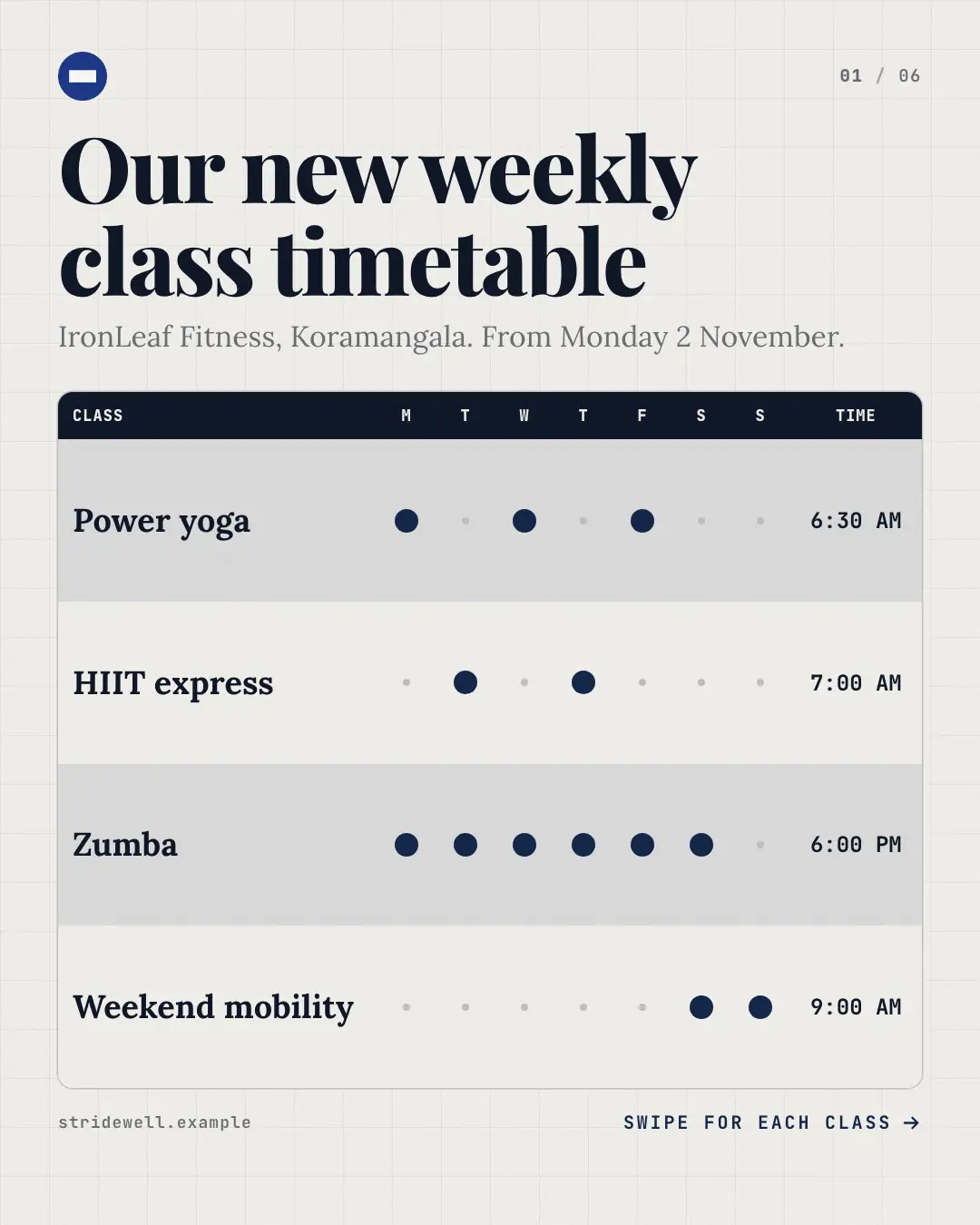 Sample Class timetable creative (Front-desk carousels template), shown on the fictional brand Stridewell Studio