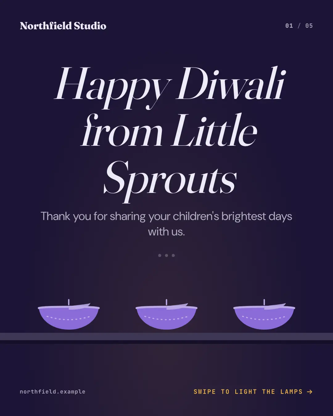 Sample Diwali diya row creative (Front-desk carousels template), shown on the fictional brand Northfield Studio