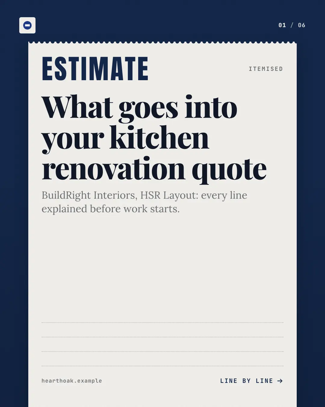Sample Estimate slip creative (Front-desk carousels template), shown on the fictional brand Hearth & Oak Interiors