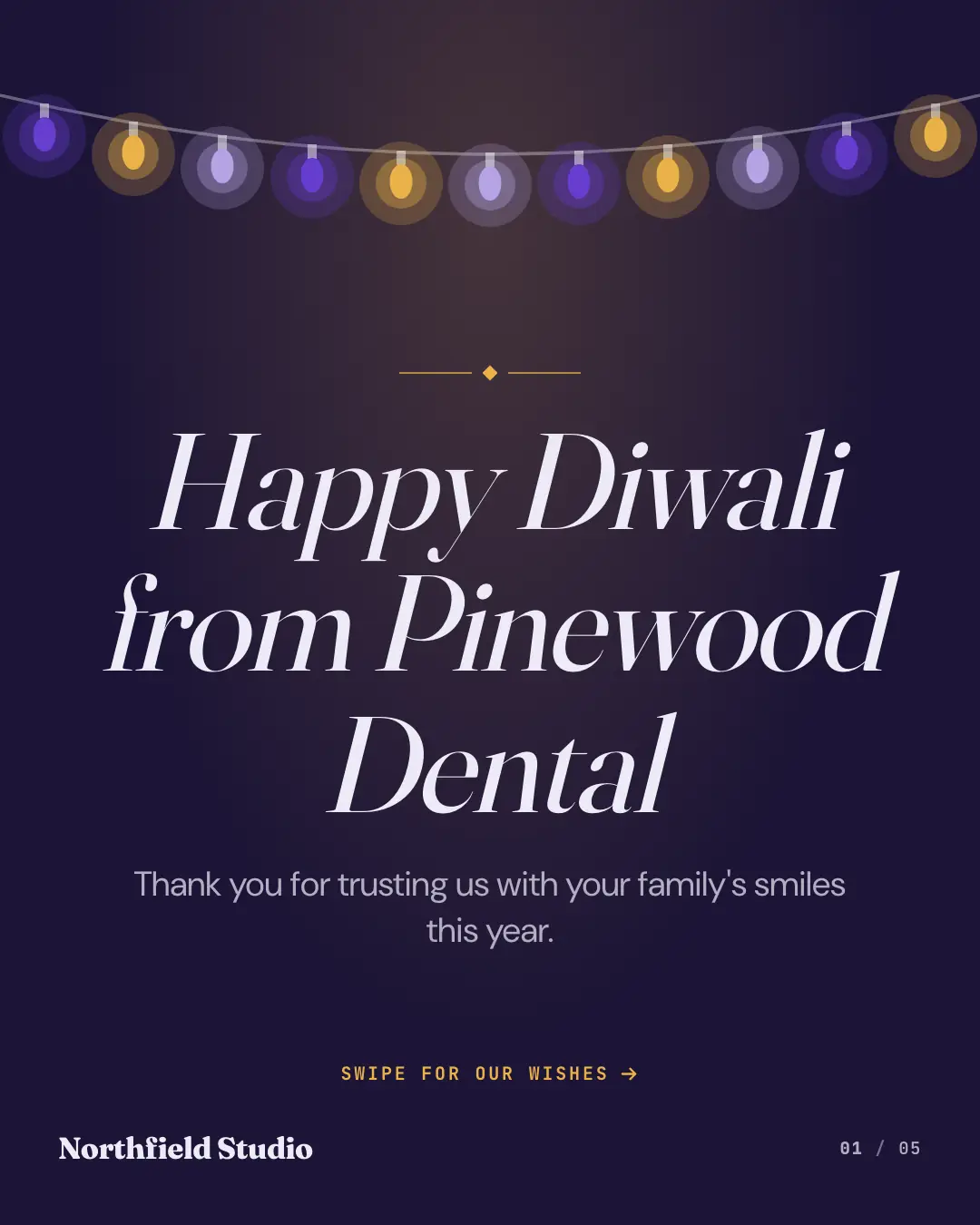 Sample Festive string lights creative (Front-desk carousels template), shown on the fictional brand Northfield Studio
