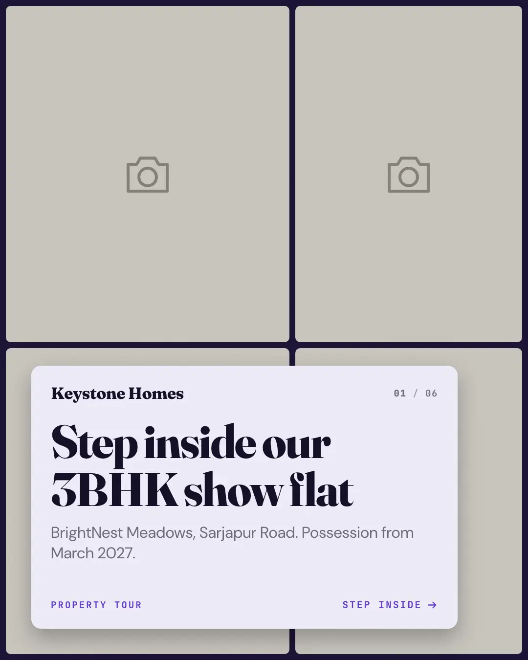 Sample Property tour creative (Front-desk carousels template), shown on the fictional brand Keystone Homes