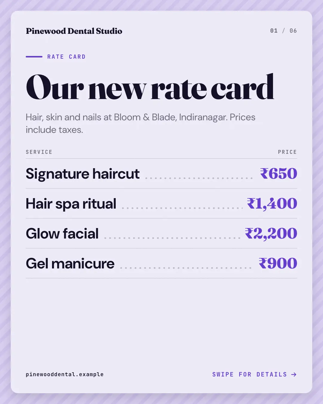 Sample Rate card creative (Front-desk carousels template), shown on the fictional brand Pinewood Dental Studio