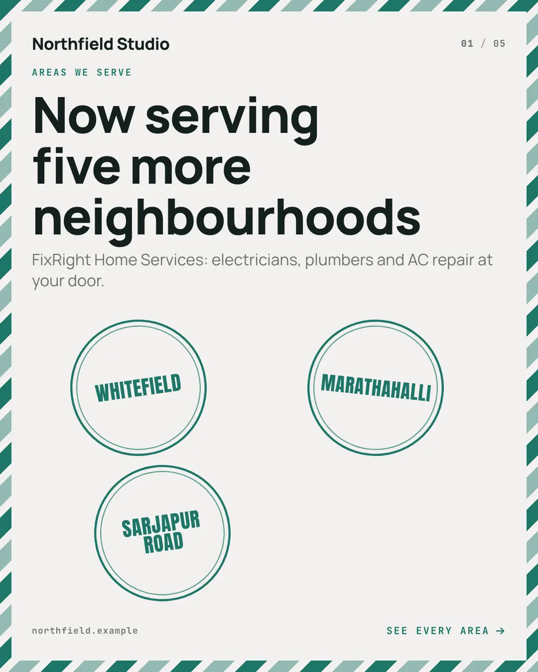 Sample Service area postmarks creative (Front-desk carousels template), shown on the fictional brand Northfield Studio