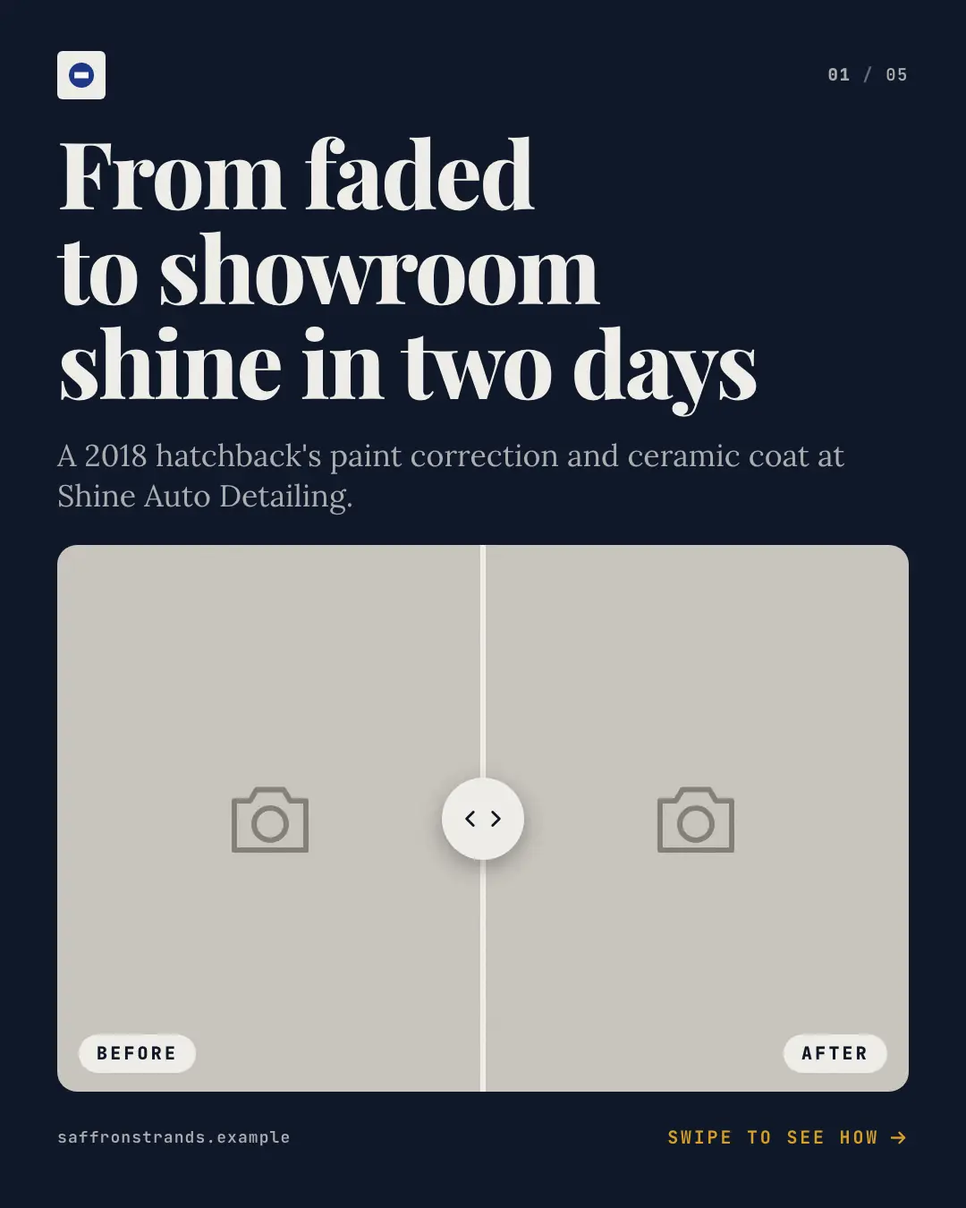 Sample Transformation reveal creative (Front-desk carousels template), shown on the fictional brand Saffron Strands Salon