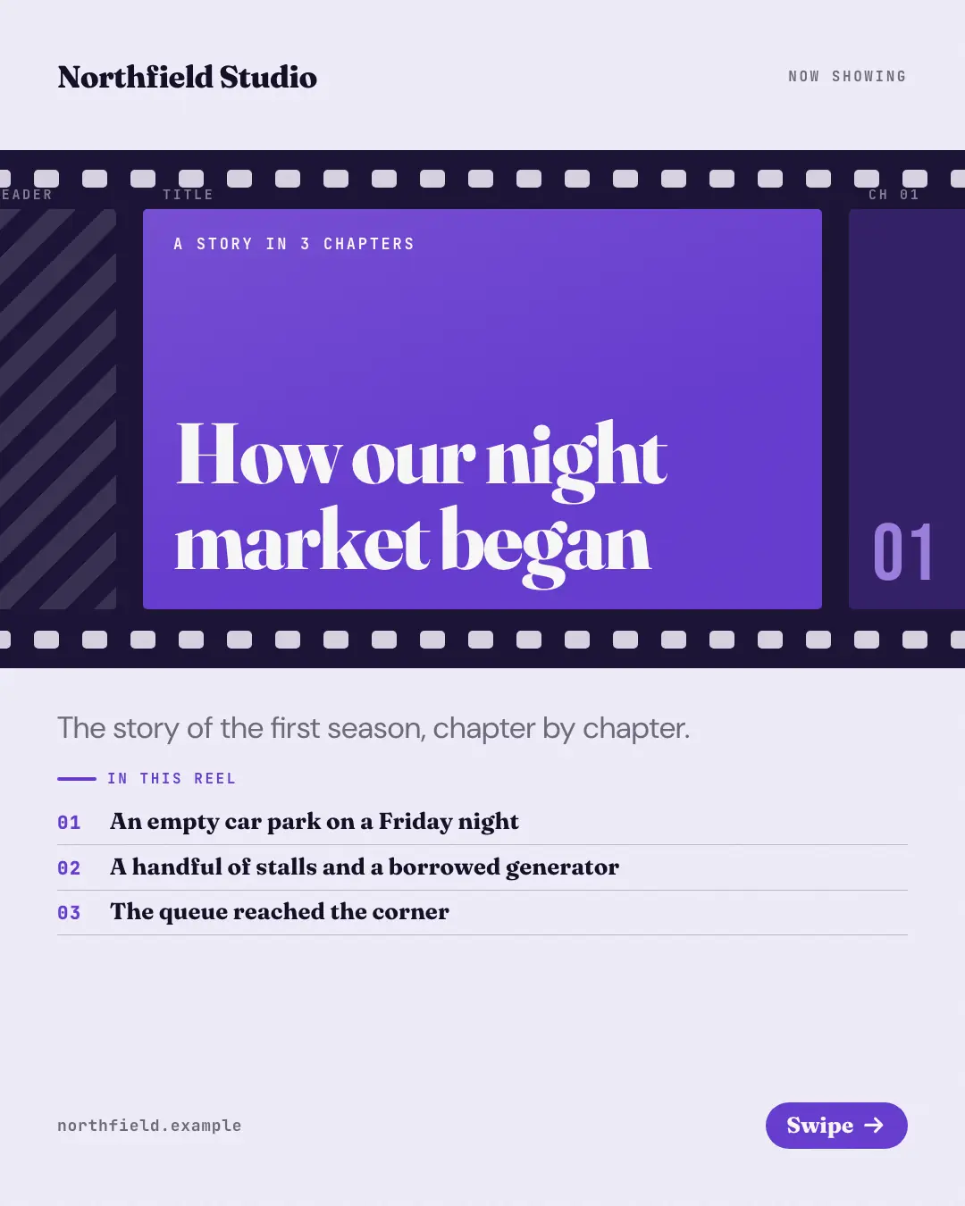 Sample Film-strip chapters creative (Narrative decks template), shown on the fictional brand Northfield Studio