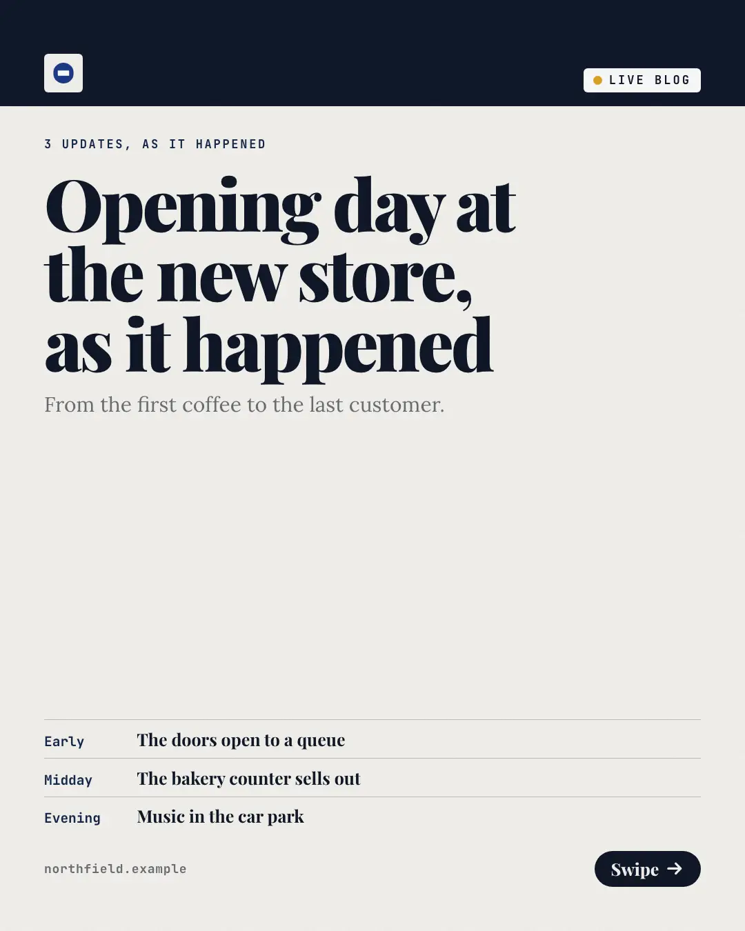 Sample Live blog creative (Narrative decks template), shown on the fictional brand Northfield Studio
