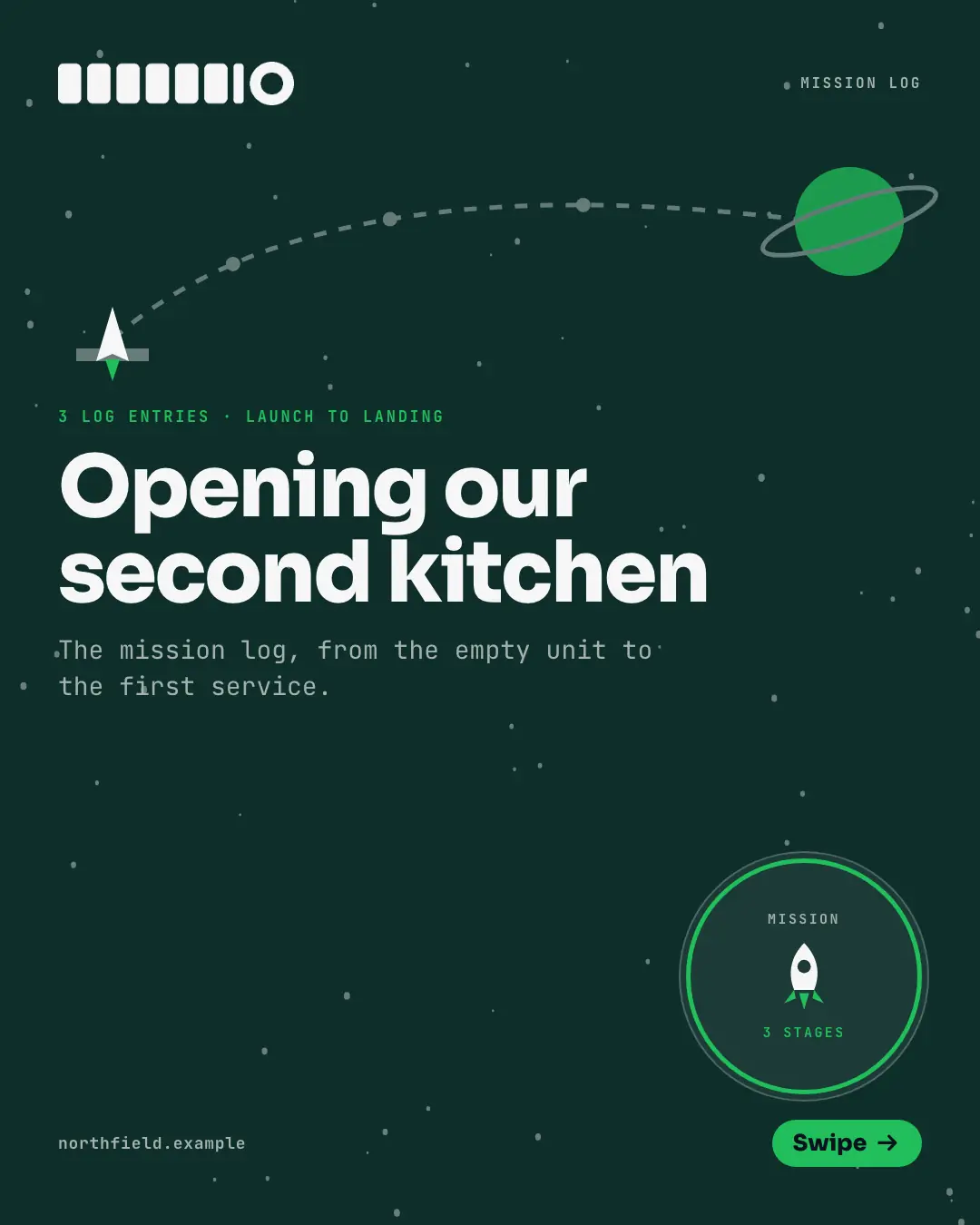 Sample Mission log creative (Narrative decks template), shown on the fictional brand Northfield Studio