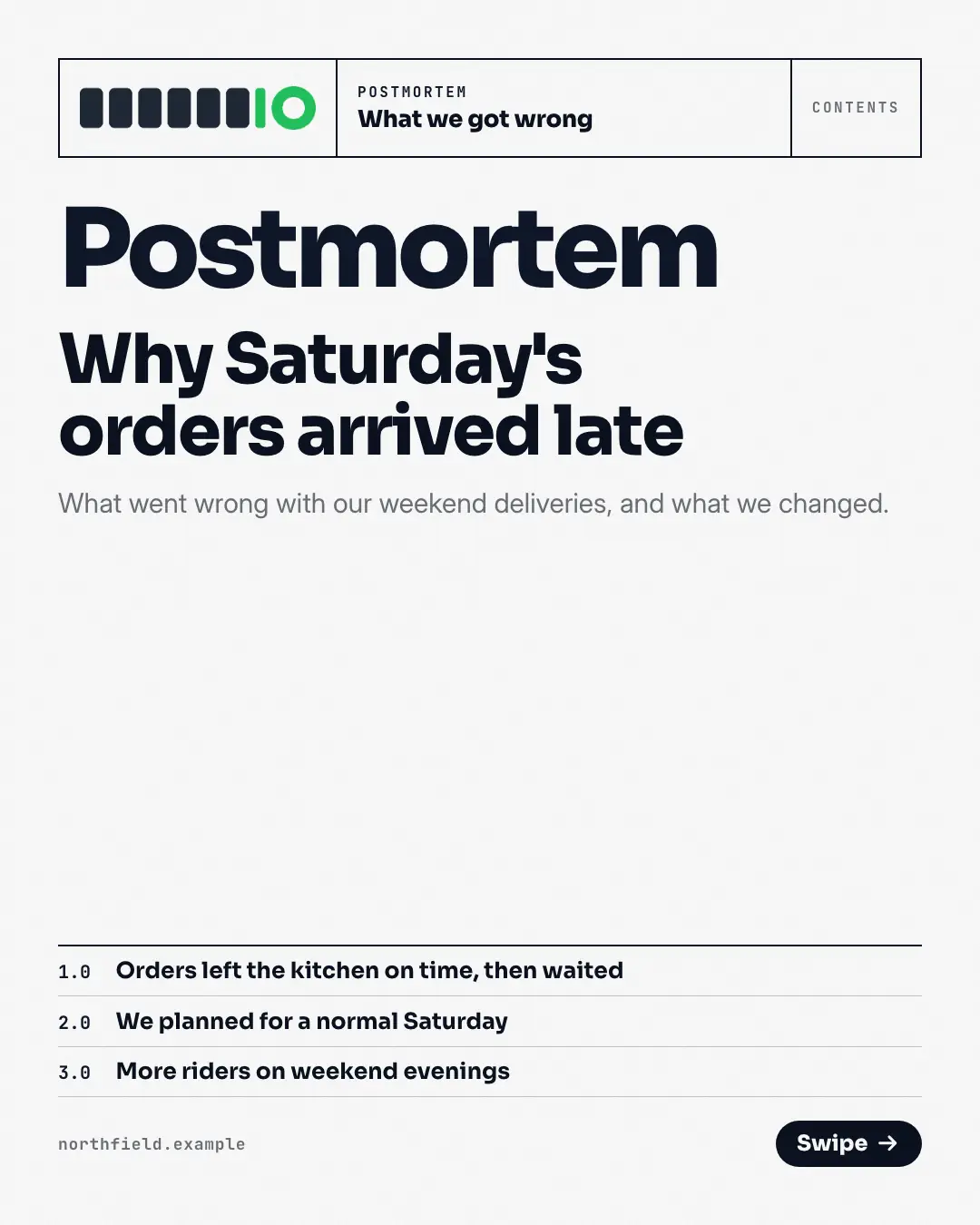 Sample Postmortem creative (Narrative decks template), shown on the fictional brand Northfield Studio