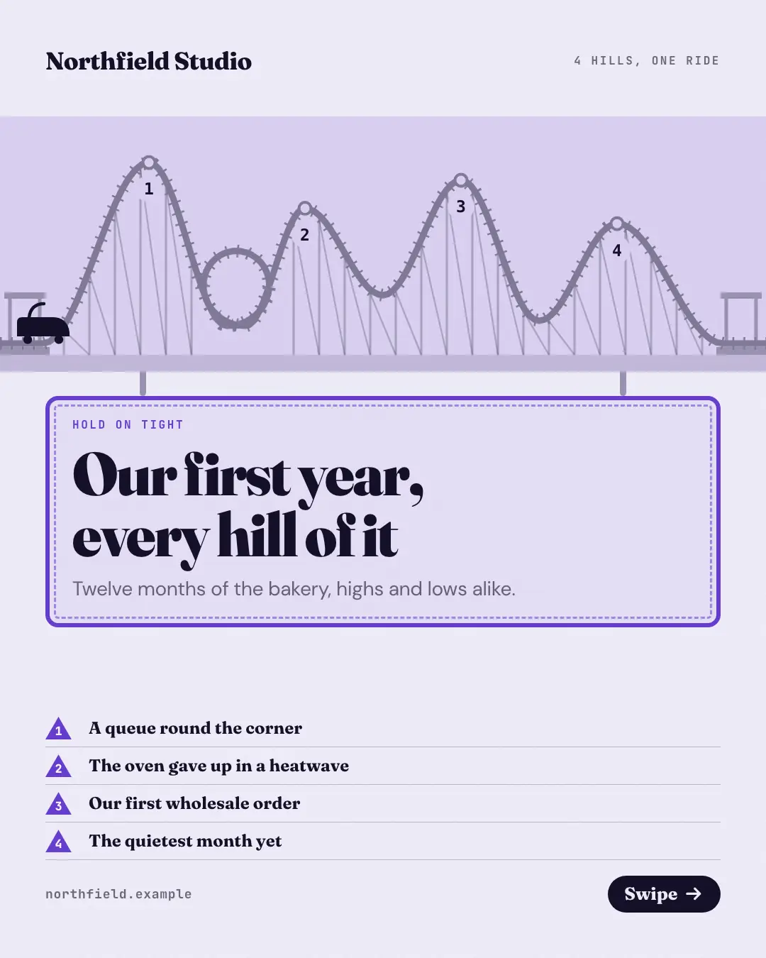 Sample Roller-coaster ride creative (Narrative decks template), shown on the fictional brand Northfield Studio