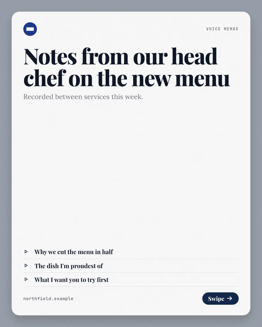 Sample Voice memos creative (Narrative decks template), shown on the fictional brand Northfield Studio