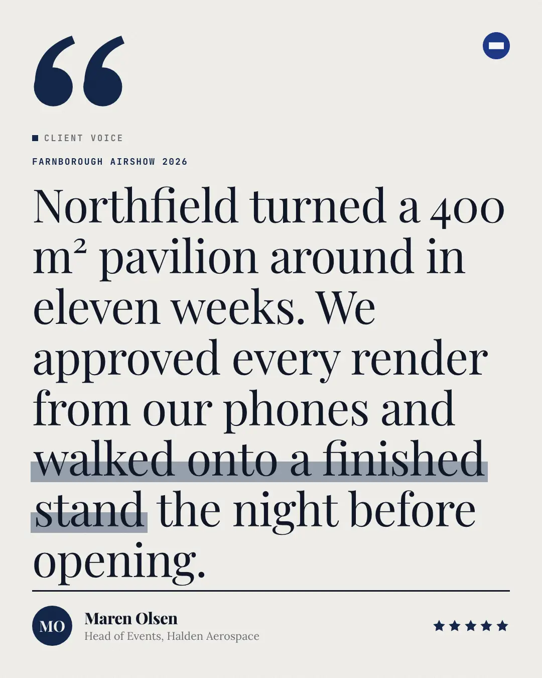 Sample Testimonial creative (Data & proof template), shown on the fictional brand Northfield Studio