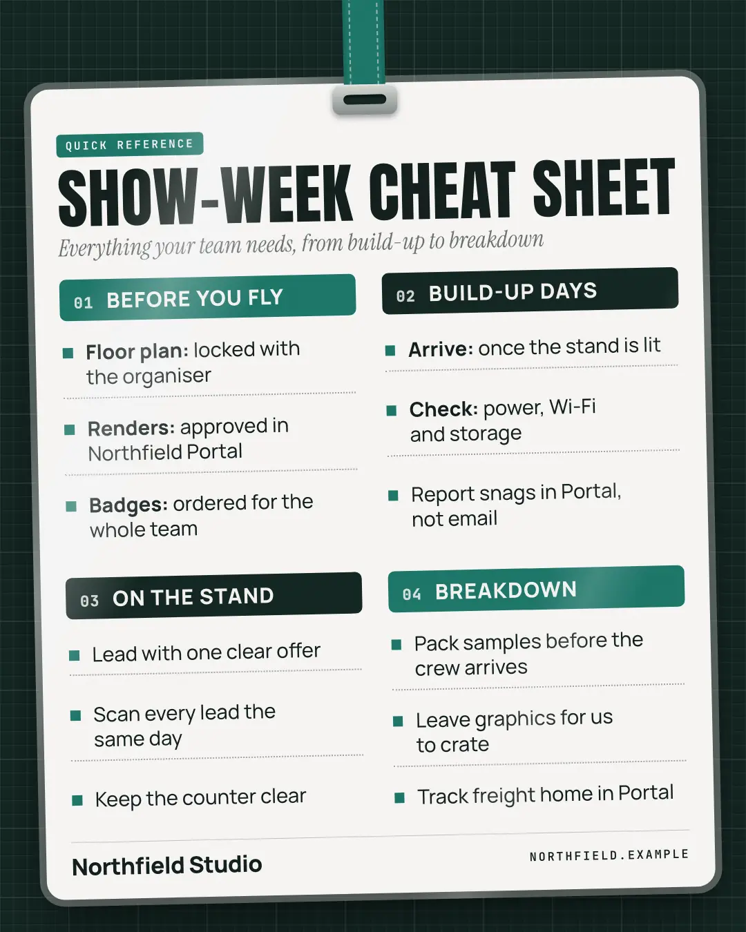 Sample Cheat sheet creative (Decoder & explainer template), shown on the fictional brand Northfield Studio