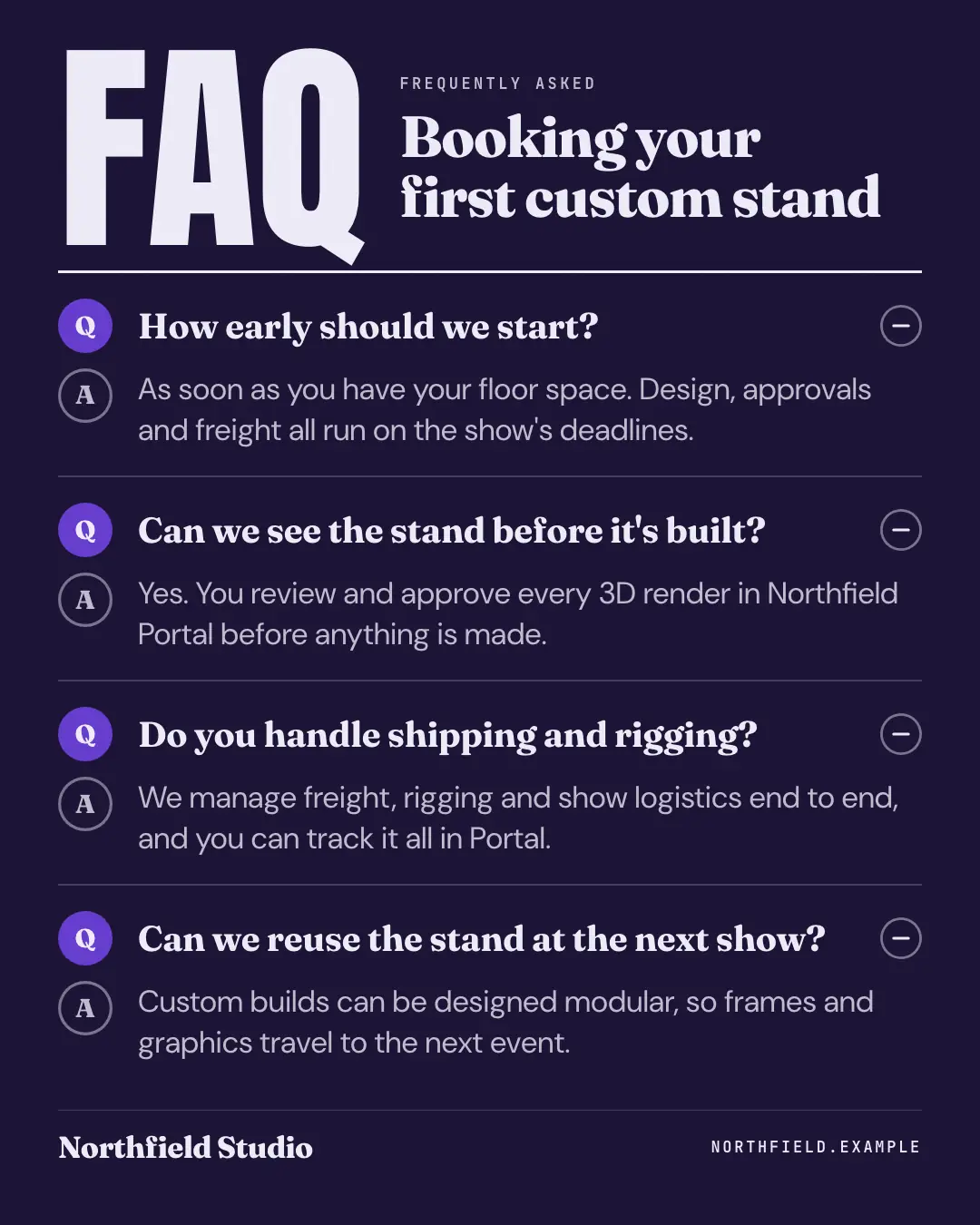 Sample FAQ card creative (Decoder & explainer template), shown on the fictional brand Northfield Studio