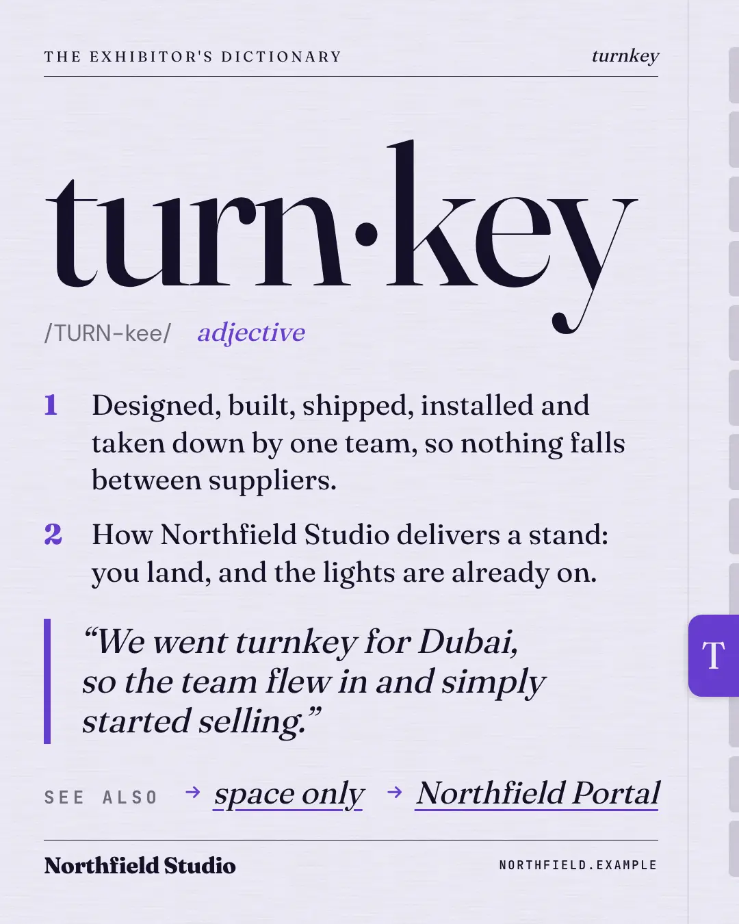 Sample Glossary entry creative (Decoder & explainer template), shown on the fictional brand Northfield Studio