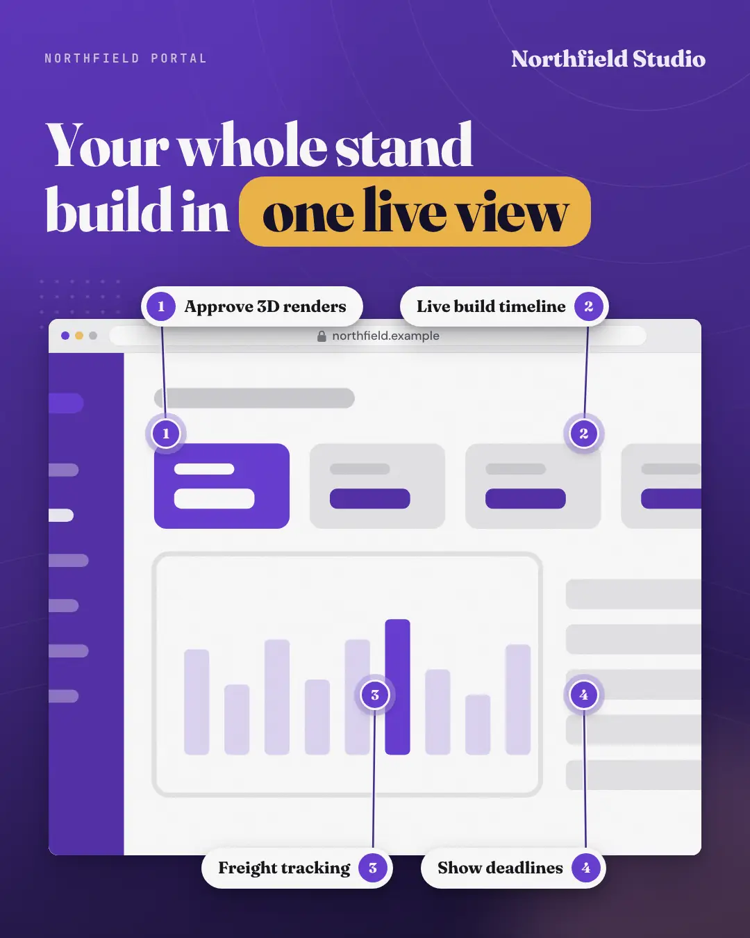 Sample Browser hero with callouts creative (Device mockups template), shown on the fictional brand Northfield Studio