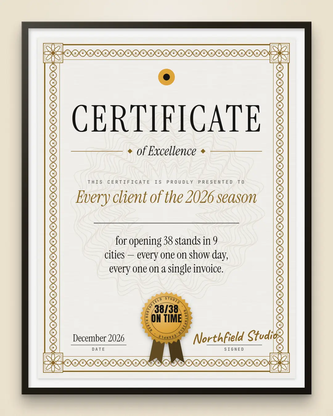 Sample Certificate creative (Document & object template), shown on the fictional brand Northfield Studio