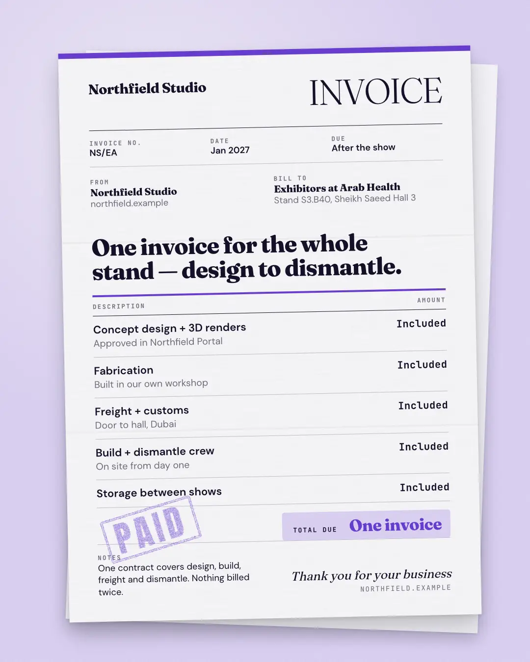 Sample Invoice creative (Document & object template), shown on the fictional brand Northfield Studio