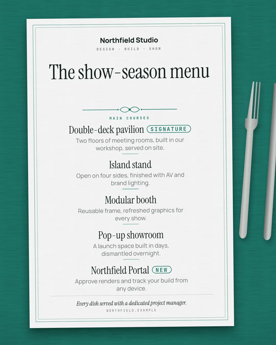Sample Restaurant menu creative (Document & object template), shown on the fictional brand Northfield Studio