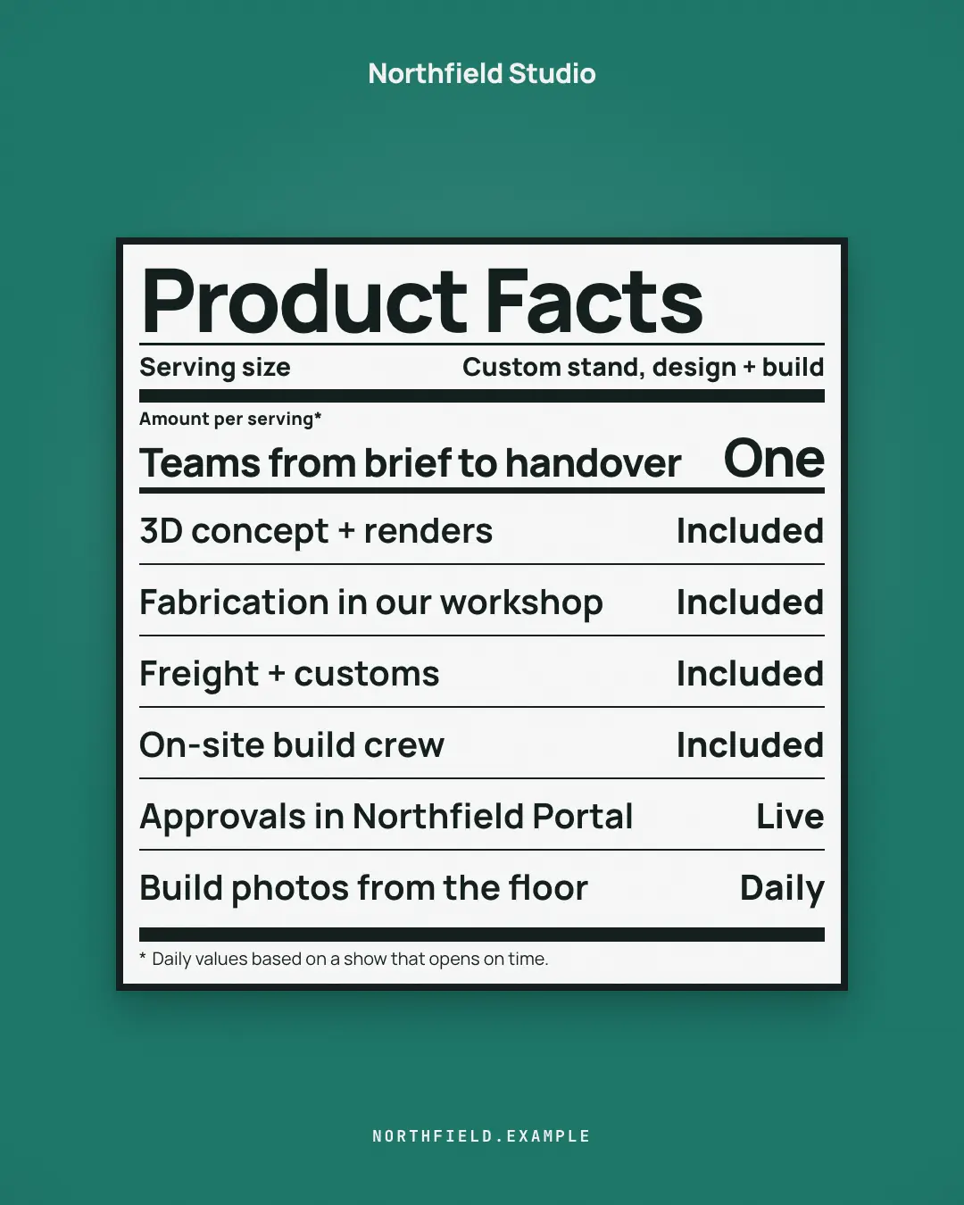 Sample Product facts label creative (Document & object template), shown on the fictional brand Northfield Studio