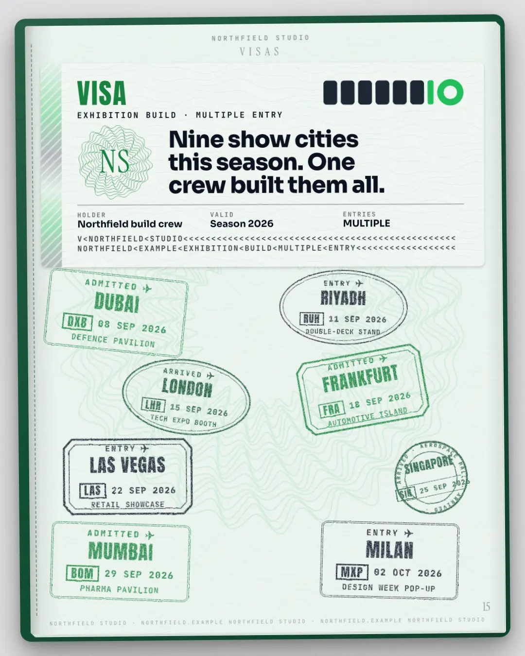 Sample Passport stamps creative (Document & object template), shown on the fictional brand Northfield Studio