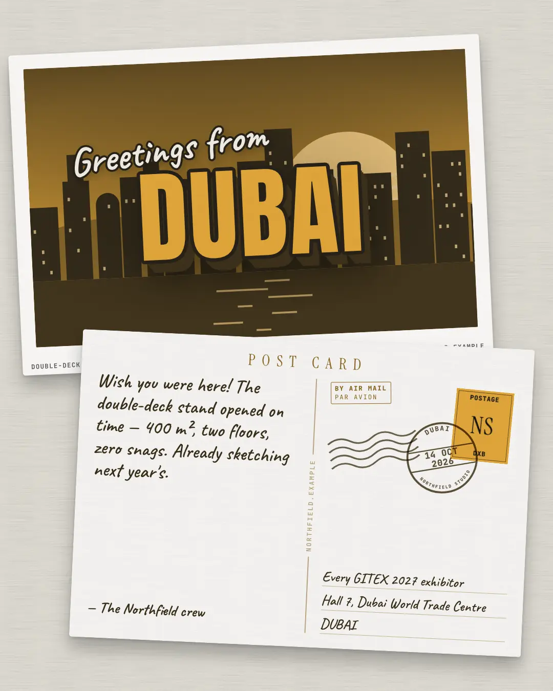 Sample Postcard creative (Document & object template), shown on the fictional brand Northfield Studio