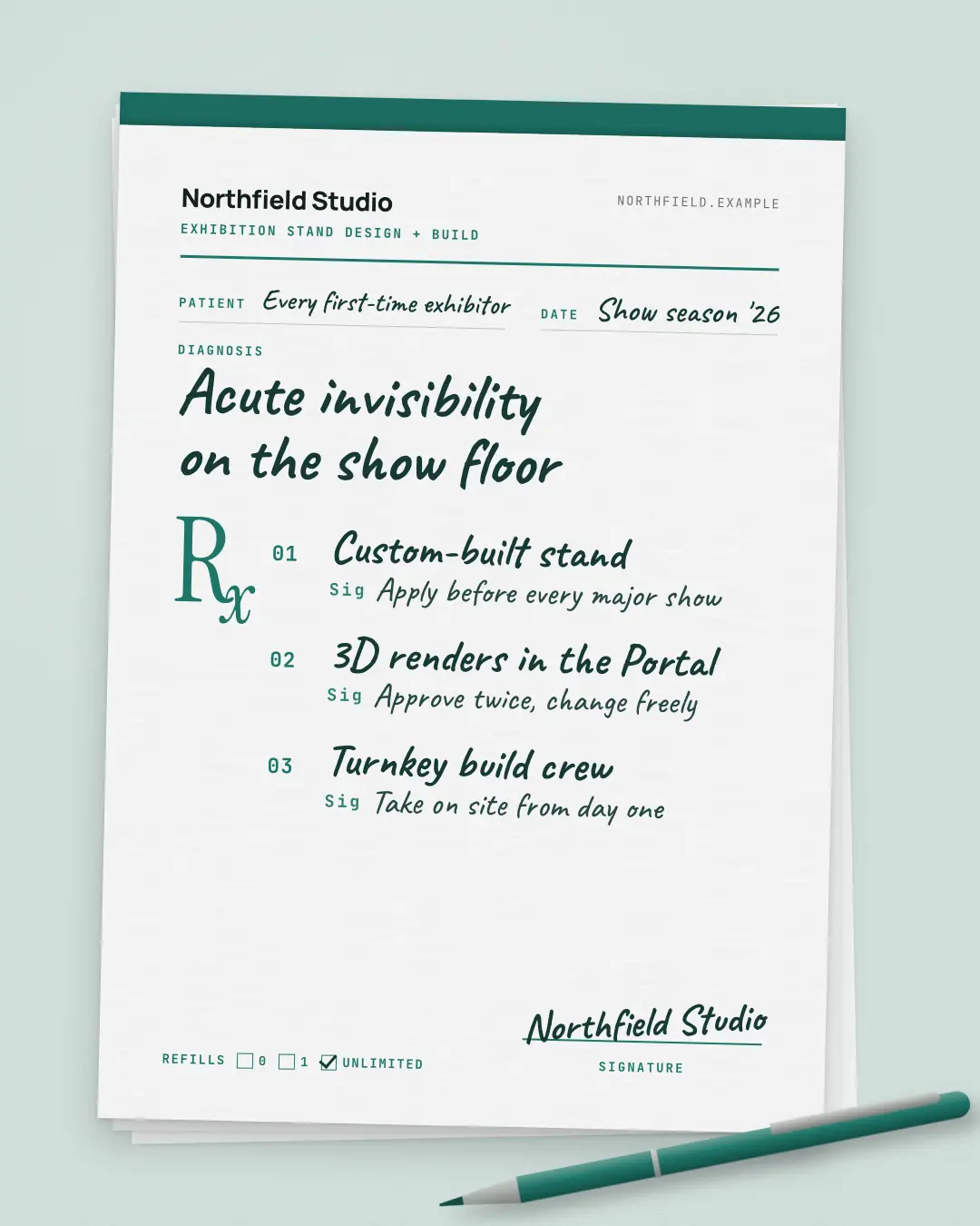 Sample Prescription pad creative (Document & object template), shown on the fictional brand Northfield Studio