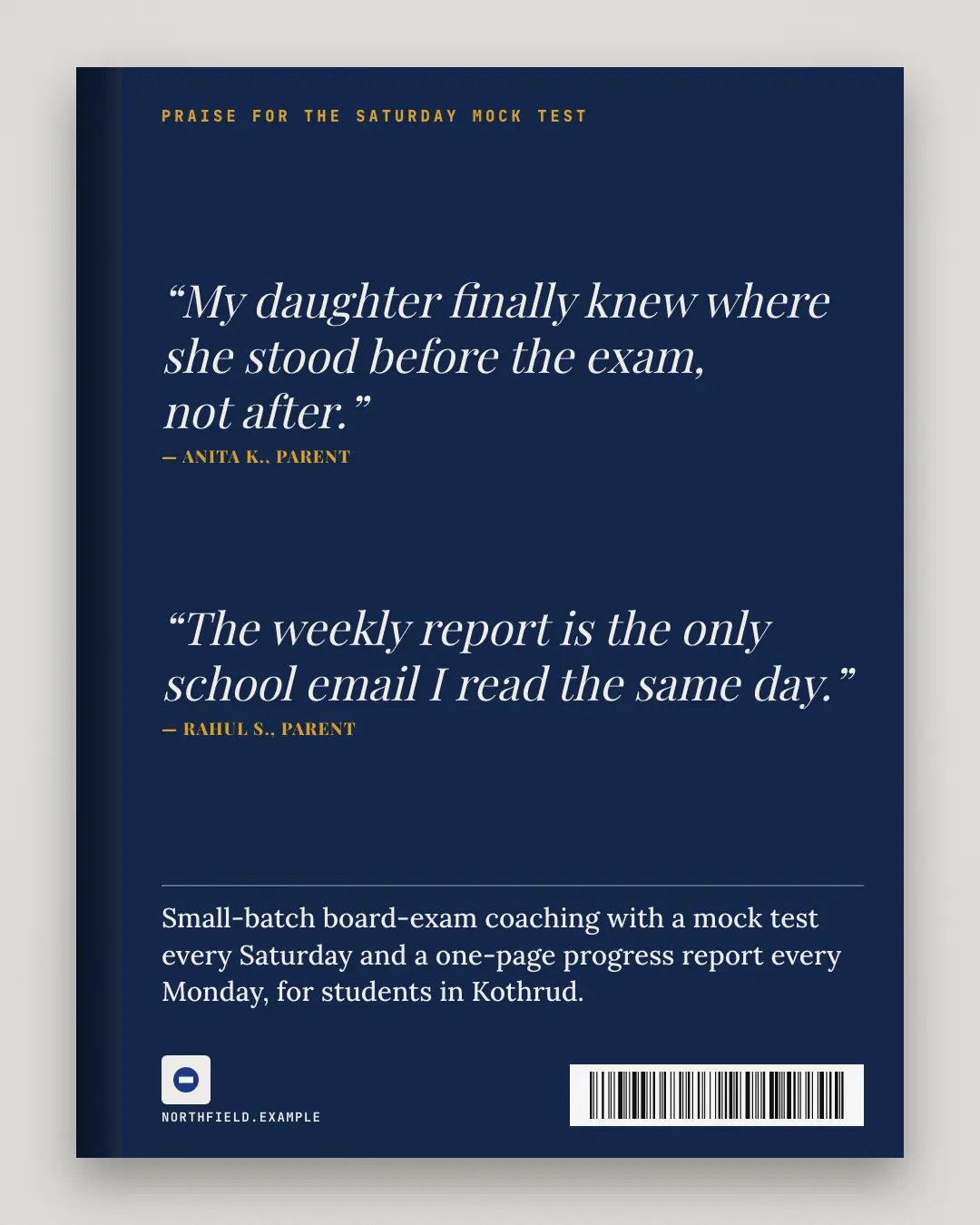 Sample Praise blurbs creative (Editorial & print template), shown on the fictional brand Northfield Studio