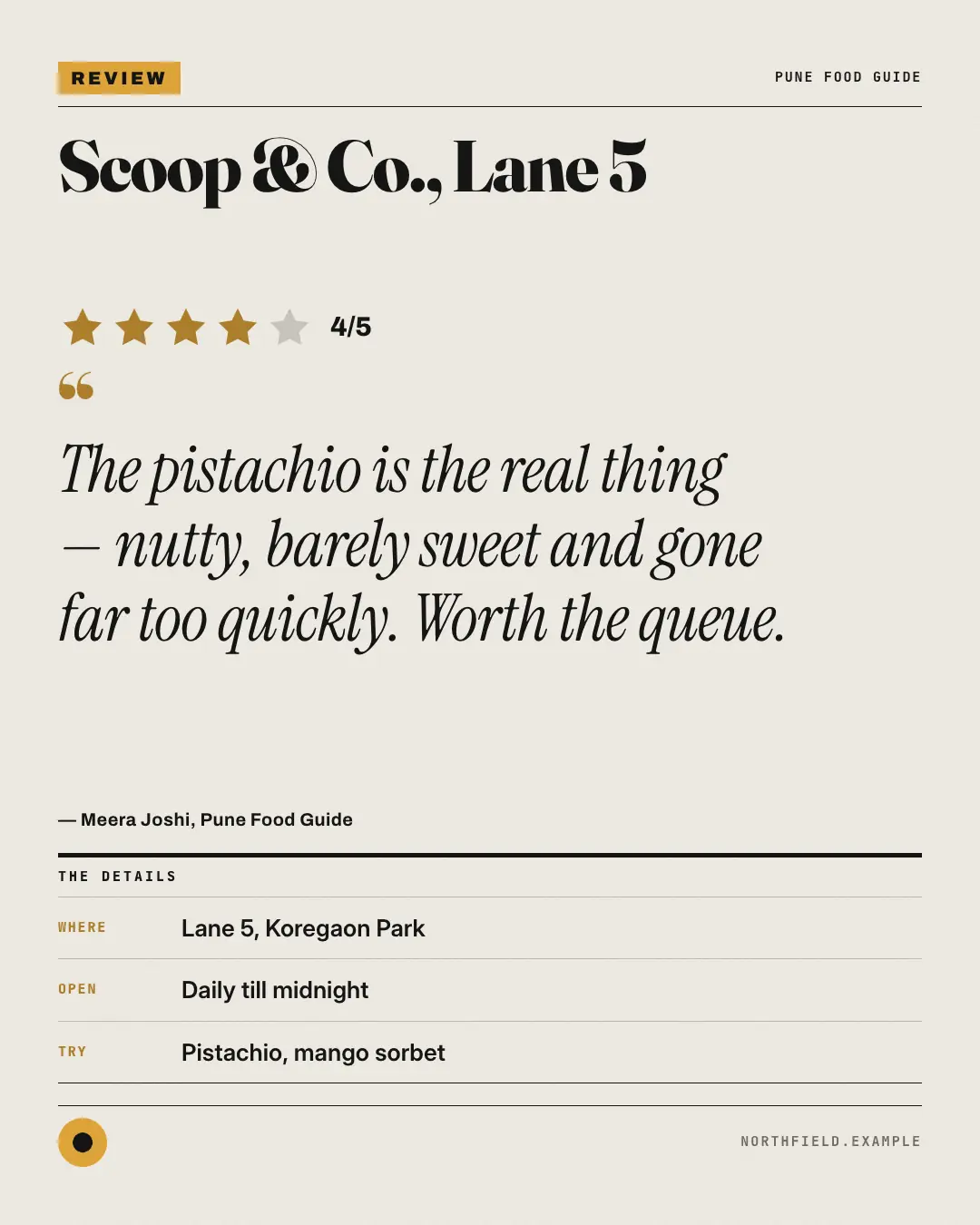 Sample Critic's review creative (Editorial & print template), shown on the fictional brand Northfield Studio