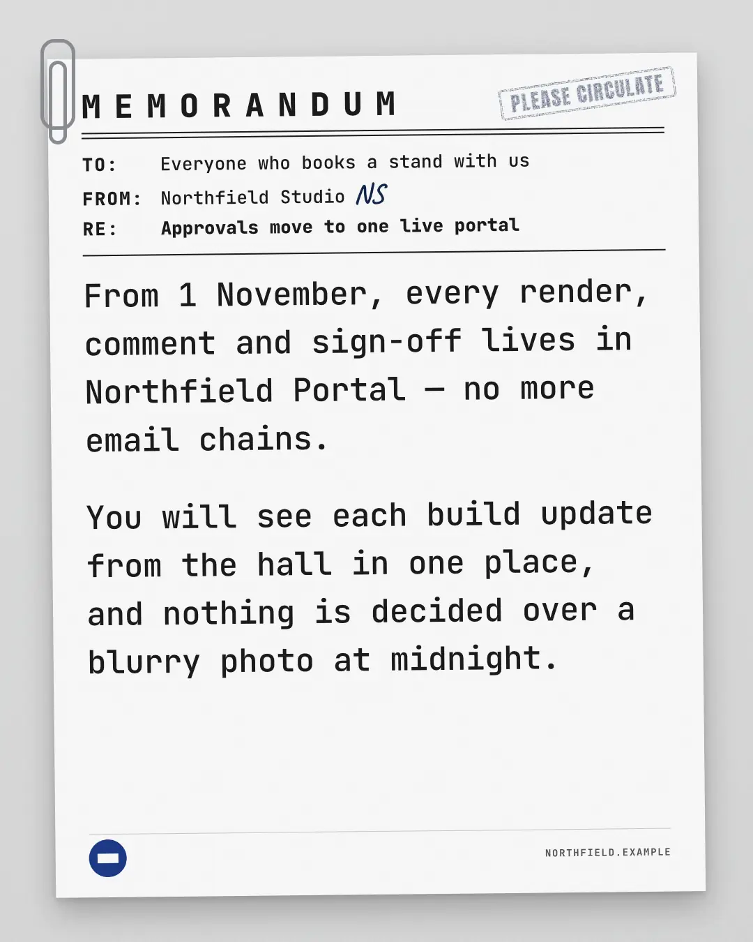 Sample Typewritten memo creative (Editorial & print template), shown on the fictional brand Northfield Studio